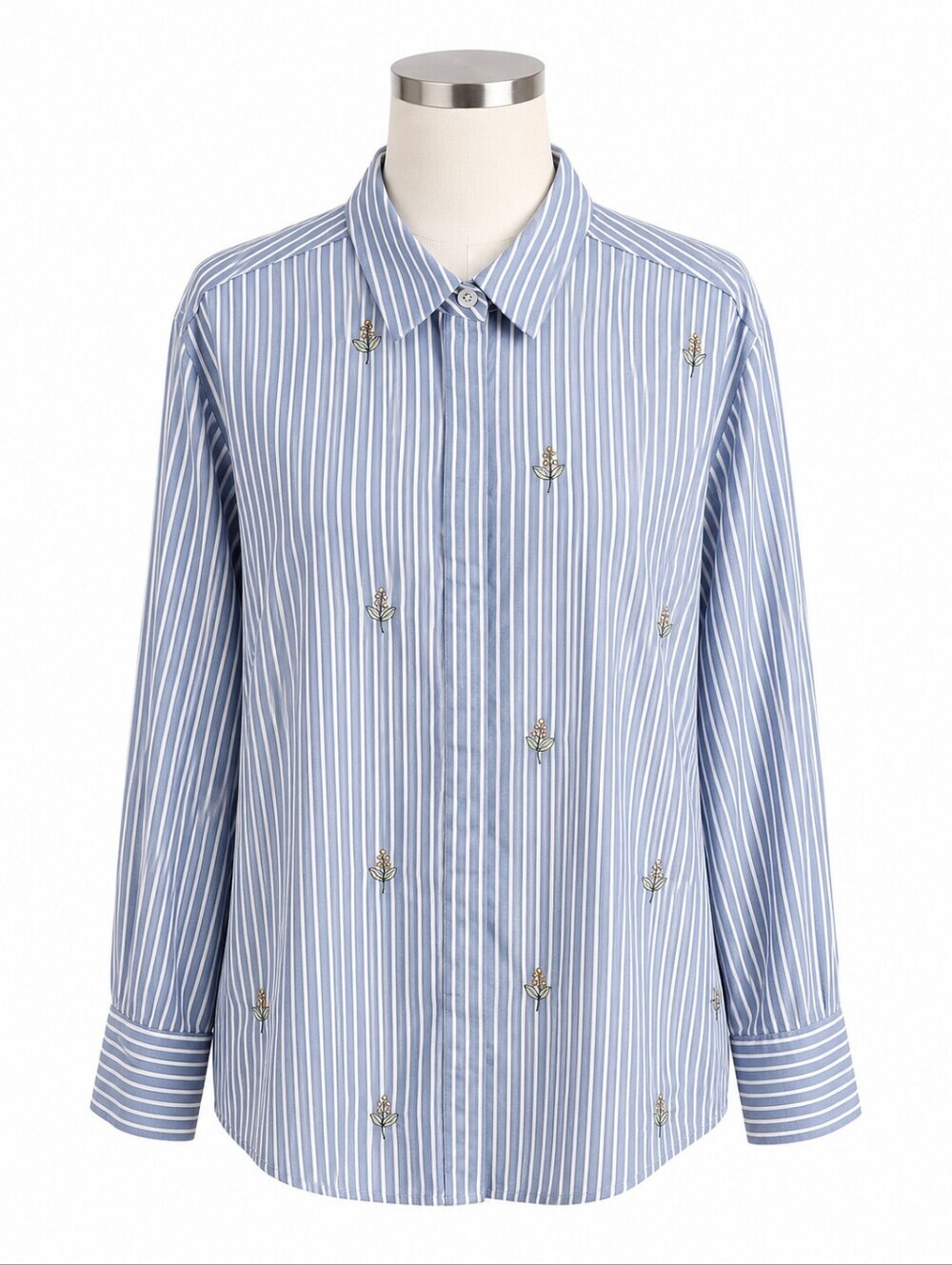 Ava & Viv 2X Button Front Shirt Blue Striped Embroidered Floral Long Sleeve
